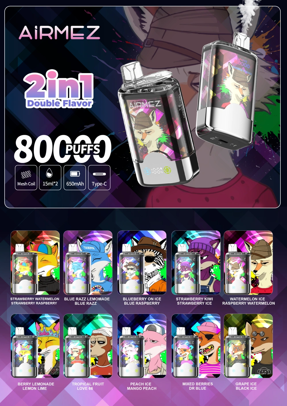 Airmez 80000 Züge Einweg-Vape 2-in-1 Kostenloser Versand EU-Lager
