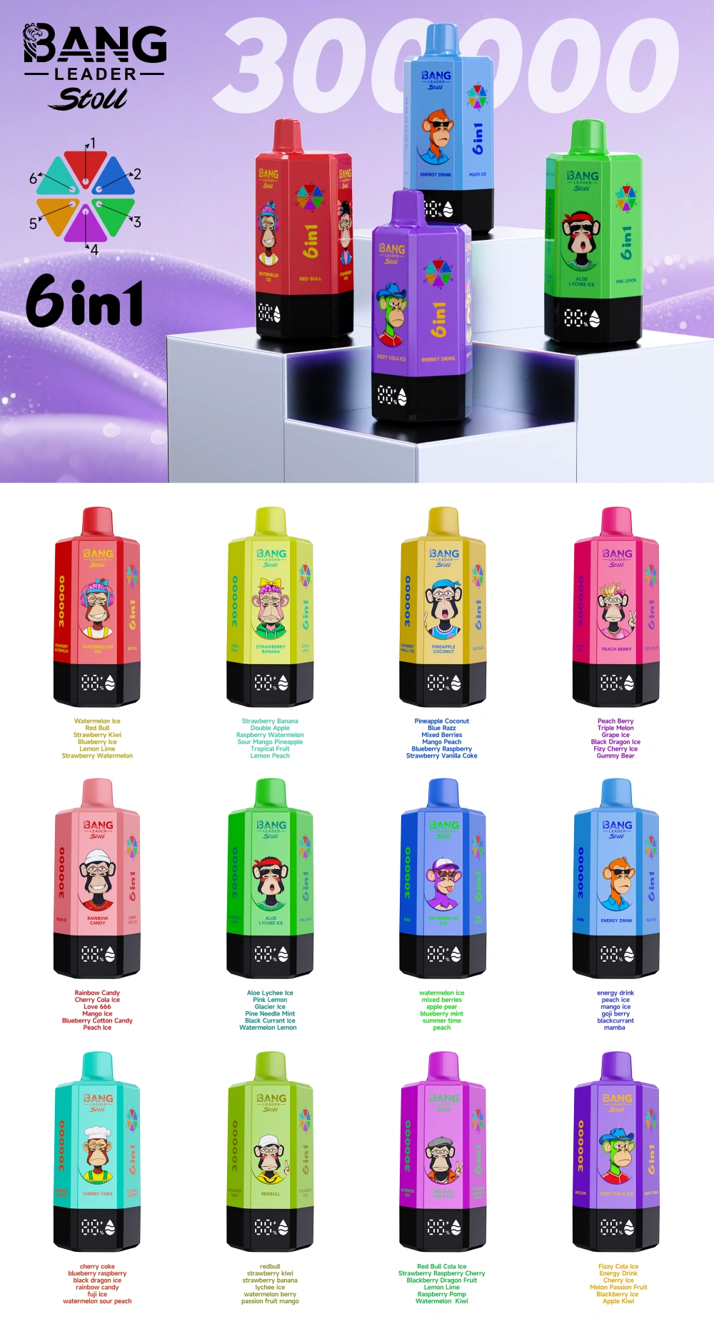 Bang Leader Stoll 300k Puffs 6 in 1 Einweg Vape 300000 Großhandel Kostenloser Versand