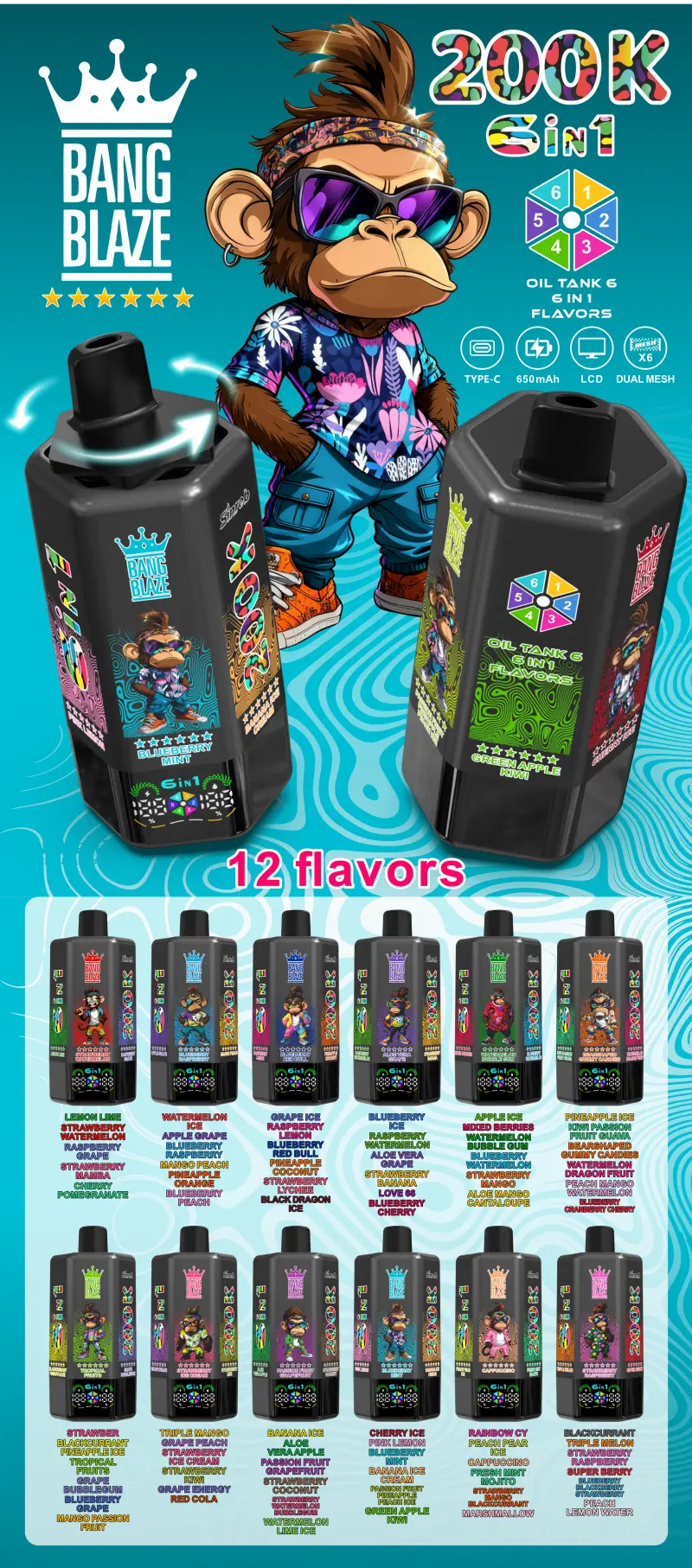 Bang Blaze 200k Züge 6 in 1 Einweg Vape mit Langer Laufzeit 200000 Kostenloser Versand