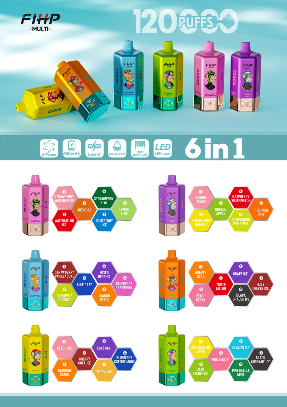 FIHP 120K Züge 6-in-1 Einweg Vape 120000 Großhandel Kostenloser Versand