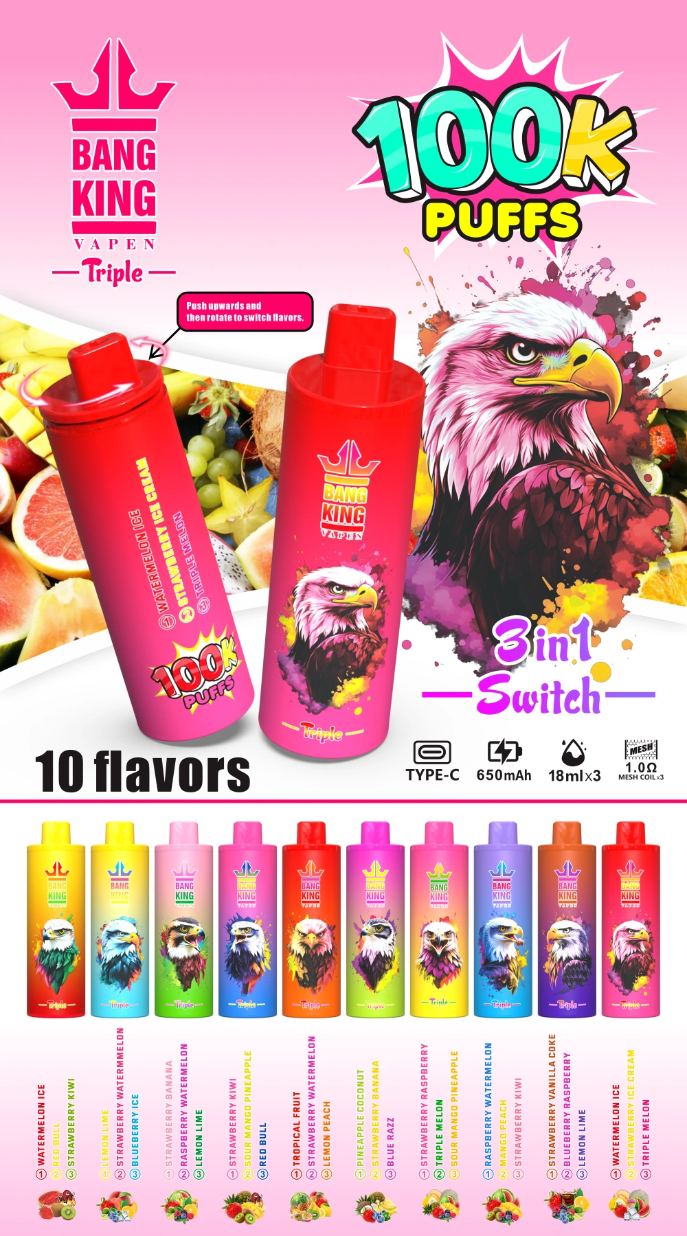 Bang King 100000 Puffs 100K Einweg Vape 3 in 1 Triple Aromen Kostenloser Versand Großhandel