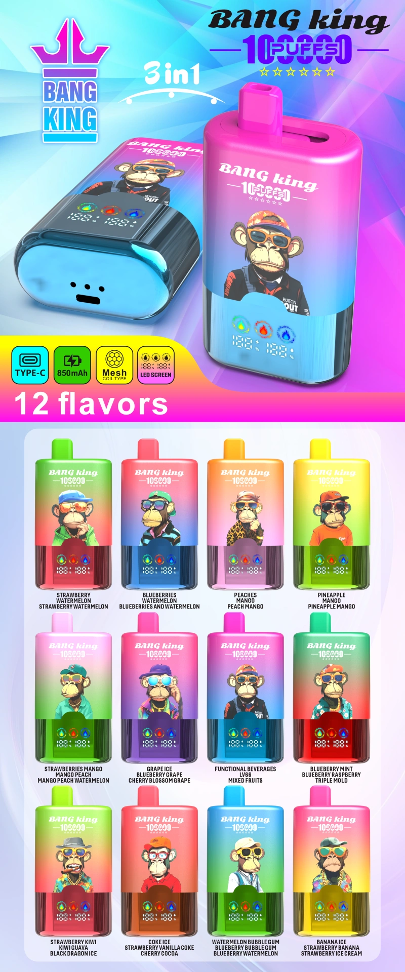 Bang King 100k Züge 3 In 1 Intelligenter Bildschirm Einweg Vape Großhandel Kostenloser Versand