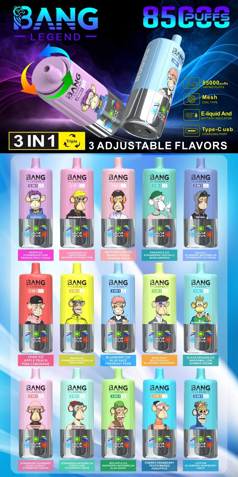 Bang Legend 85000 Puffs 85k Einweg Vape 3 in 1 Kostenloser Versand aus China Lager