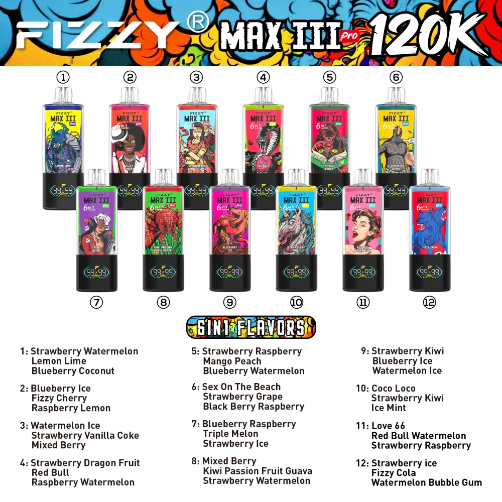 Fizzy 120k Puffs 6-in-1 Max III Pro Bester Einweg Vape 120000 Kostenloser Versand EU Lager
