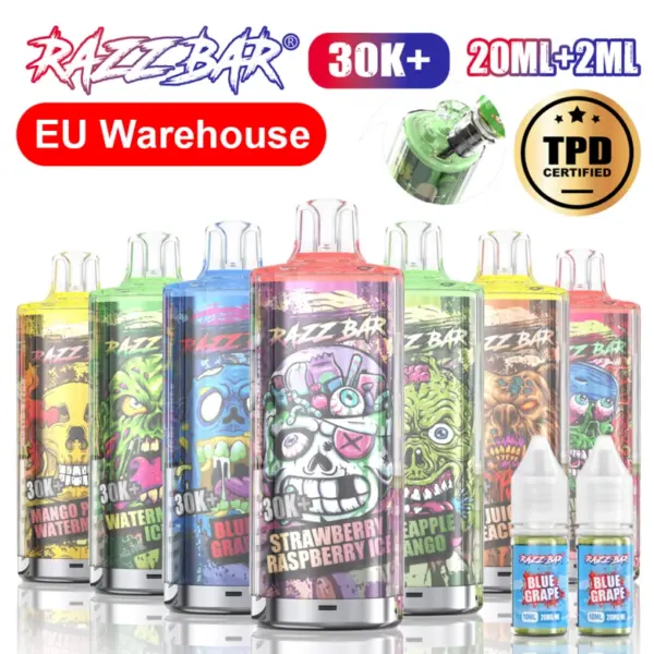 Puff 30000 Razz Bar 30k Puffs TPD Einweg Vape Großhandel Nachfüllbar Mit 20ml E Liquid Kostenloser Versand Aus EU