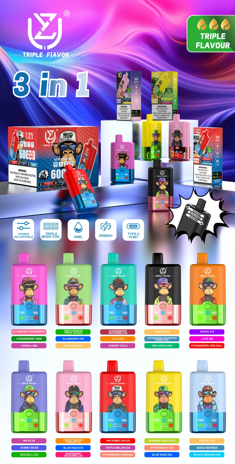 UZY 60K Puffs 3 in 1 Bestes Einweg Vape 60000 Kostenloser Versand EU Lager