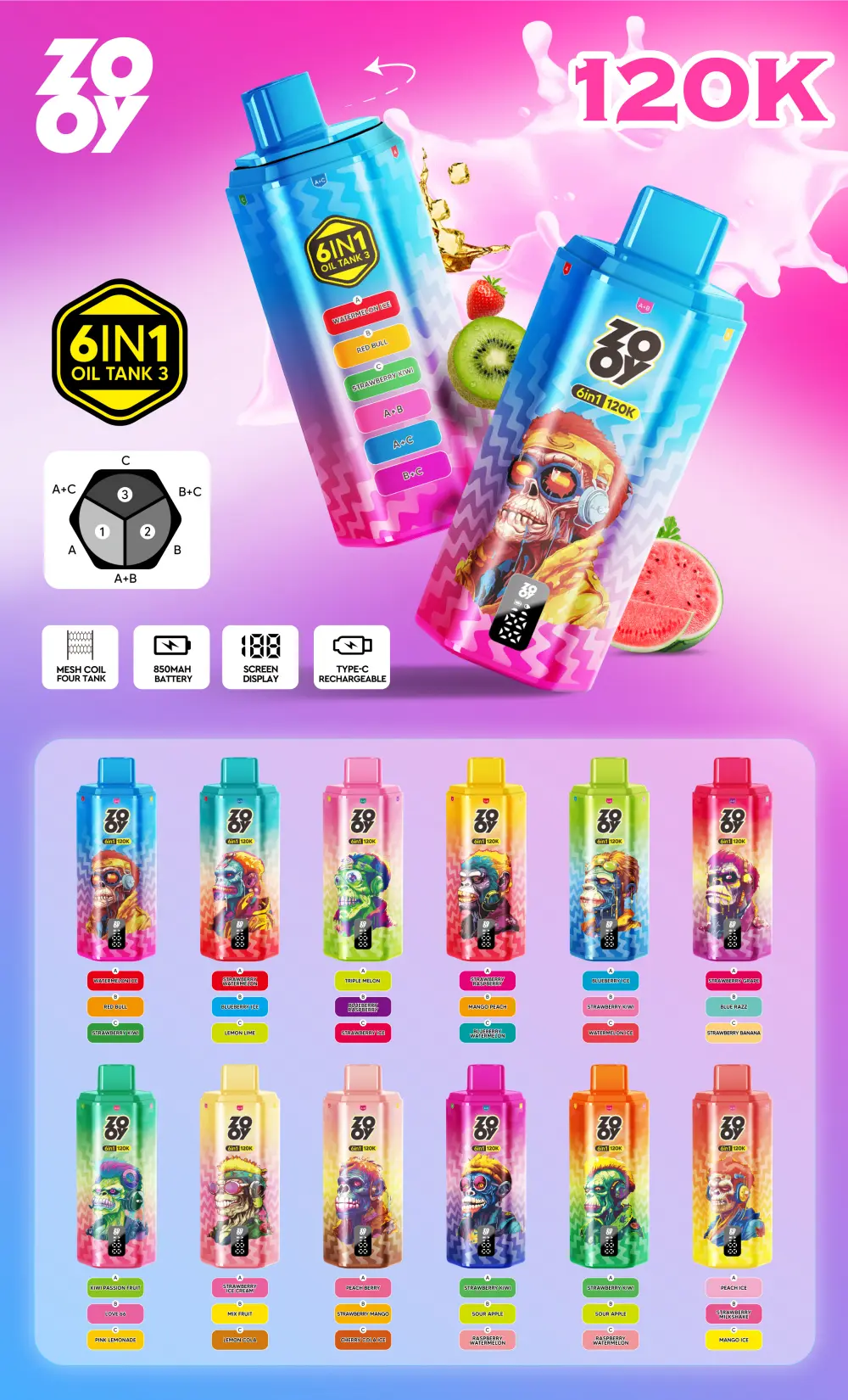 ZOOY 120K Puffs 6-in-1 Einweg Vape 120000 Kostenloser Versand aus EU-Lager