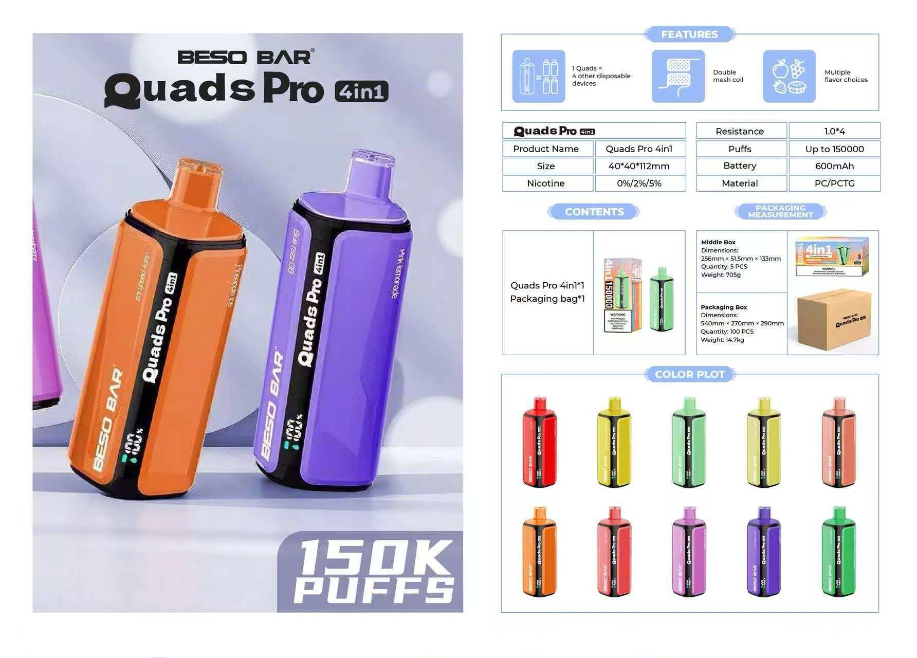 BESO BAR Quads Pro 150K Puffs 4-in-1 Einweg Vape mit Fruchtgeschmack Kostenloser Versand